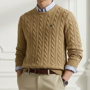 Polo Ralph Lauren Mens Cable-Knit Cotton Sweater Camel / Brown Large